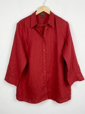 Lauren Ralph Lauren 100% Linen Red Herringbone Top 1X Coastal Grandmother